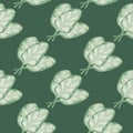 Seamless pattern bunch spinach salad on green background. Abstract ornament with lettuce