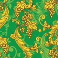 Seamless pattern with bunches of grapes. Golden ornament on a green background in vintage style.