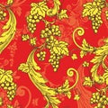 Seamless pattern with bunches of grapes. Golden ornament on a red background in vintage style.