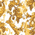 Seamless pattern with bunches of grapes. Golden ornament on a white background in vintage style.