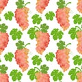 Seamless pattern, bunches of pink grapes and grape leaves with tendrils. Print, fruit background, textile