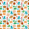 Seamless pattern. Bundle pirate, treasure map, ship wheel, chest, etc. White background