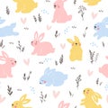 Seamless pattern with bunnies and plants in spring colors. Easter vector background