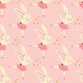 Seamless pattern of bunny ballerina with tutu, flowers, ballerina shoes, and stars on a pink background