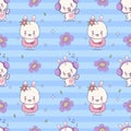 Seamless pattern with bunny girl ballerina and happy rabbit in headphones on striped blue background with flowers. Cute Royalty Free Stock Photo