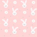 Seamless pattern with bunny head and chamomiles on pink background. Great for textile, fabric prints, wrapping paper