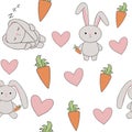 seamless pattern bunny holding a carrot and sleeping rabbit