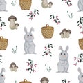 Seamless pattern with bunny rabbit, basket, mushrooms and flowers.