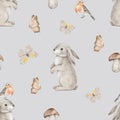 Seamless pattern with bunny, Robin redbreast bird, butterfly and boletus. Woodland animals background. Endless Hand Royalty Free Stock Photo