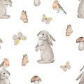 Seamless pattern with bunny, Robin redbreast bird, butterfly and boletus. Woodland animals background. Endless Hand Royalty Free Stock Photo