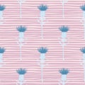 Seamless pattern with burdock flowers silhouettes. Doodle simple print with floral blue ornament and pink stripped background