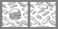 Seamless pattern burger include cutlet, tomato, cucumber and salad.