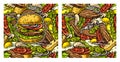 Seamless pattern burger and ingredients include cutlet, tomato, cucumber and salad Royalty Free Stock Photo