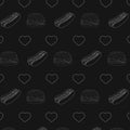 Seamless pattern with burgers hot dogs hearts white outline on dark background