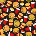 Seamless pattern with burgers, soda and fries. Vector illustration of fast food. Junk food