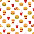 Seamless pattern with burgers, soda and fries. Vector illustration of fast food. Junk food