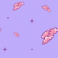 Seamless pattern with burgundy stars and pink clouds. Vector illustration.