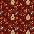 Seamless pattern of colorful sky lantern or lamp or aakash kandil with oil lamp on blood red color background.