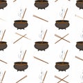Seamless pattern with burning incense sticks in a pot, emitting smoke, on a white background Royalty Free Stock Photo