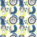 A seamless pattern of a bust of Perseus and a coin depicting Medusa Gorgon. Hand-drawn sketch-style doodle elements. The