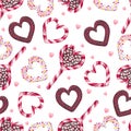 seamless pattern with butter cookies and striped lollipop in the form of hearts Royalty Free Stock Photo
