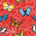 Seamless pattern with butterflies on an abstract floral red background.