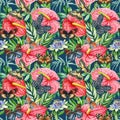 Seamless pattern with butterflies, anthurium flowers, floral background. Vintage watercolor style. Flora design. Royalty Free Stock Photo