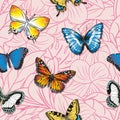 Seamless pattern with butterflies on an abstract floral lilac background.