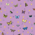 Seamless pattern with butterflies and flowers on a striped lilac background.