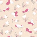 Seamless pattern with butterflies. Background with flying beautiful butterfy and tulip flowers.