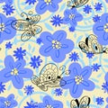 Seamless pattern with butterflies. Background with flying beautiful butterfy and flowers.