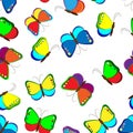 Seamless pattern of butterflies. Colourful child`s drawing of butterflies. Vector