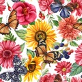 Seamless pattern with butterflies and flowers, floral background. Vintage watercolor style. Flora design. Royalty Free Stock Photo