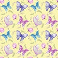 Seamless pattern with butterflies and flowers on a multicolored background, pattern butterfly graphic design print. Royalty Free Stock Photo