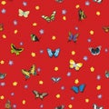 Seamless pattern with butterflies and flowers on a striped red background.