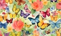 Seamless pattern with butterflies and flowers. Watercolor illustration Royalty Free Stock Photo