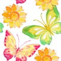 Seamless pattern with butterflies and flowers watercolor. Royalty Free Stock Photo