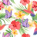 Seamless pattern with butterflies, hummingbirds and tropical plants