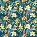 Seamless pattern with butterflies, leaves and vanilla flowers. Vintage watercolor style, tropical design. Royalty Free Stock Photo