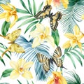 Seamless pattern with butterflies, leaves and vanilla flowers. Vintage watercolor style, tropical design. Royalty Free Stock Photo