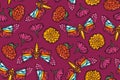 Seamless pattern with butterflies moths and flowers with marigolds. Mexican Day of the Dead.