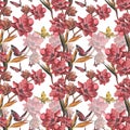 Seamless pattern butterfly, red flower, strelitzia isolated on white. Watercolor hand drawn illustration. Art for design Royalty Free Stock Photo