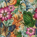 Seamless pattern Butterfly colorful with abstract fantasy flowers and leaves Paisley or Damask Baroque style Watercolor Gouache