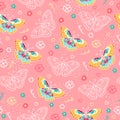 Seamless pattern with butterfly, flowers and design elements. Royalty Free Stock Photo
