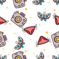 Seamless Pattern of Butterfly, Pocket Camera and bikini hand drawn in cute colorfull doodle vector