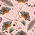 Seamless pattern with butterly, fern and flowers. Vector.