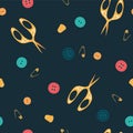 Seamless pattern with buttons, thimbles and scissors. Vector graphics Royalty Free Stock Photo