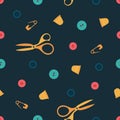 Seamless pattern with buttons thimbles and scissors