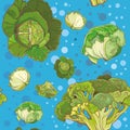 Seamless pattern with cabbage, broccoli, savoy