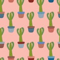 Seamless pattern cacti cereus in multicolored pots